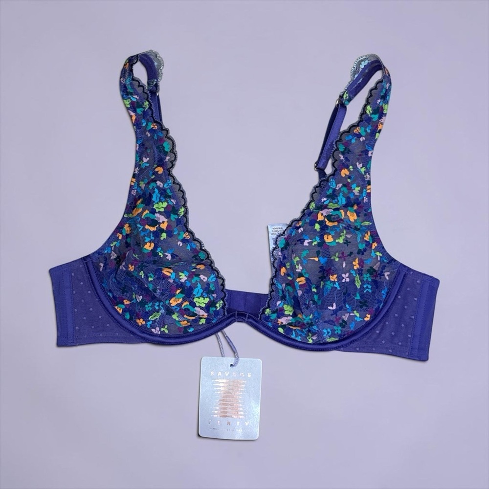 Savage X‎ Fenty Steamy Floral Padded Lace Balconette Bra Purple Size 36B